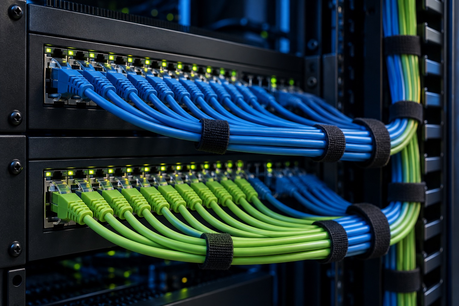 Câblage Ethernet organisé dans une baie réseau — illustration générée